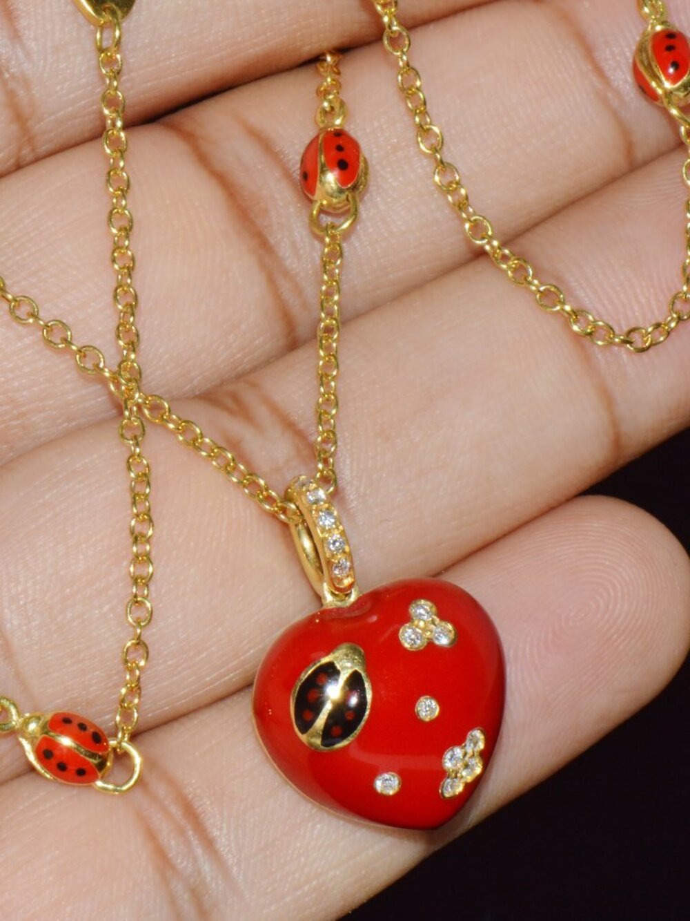 Aaron Basha 18K Gold Diamond Enamel Ladybug Puffy Heart Pendant Necklace